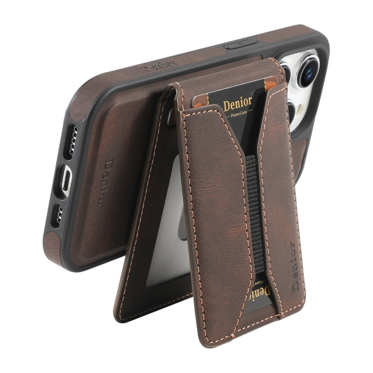 For iPhone 14 Pro Max Denior D18 Skin Feel Rotating Holder MagSafe Detachable Card Slot Phone Case(Brown) - iPhone 14 Pro Max Cases by Denior | Online Shopping UK | buy2fix