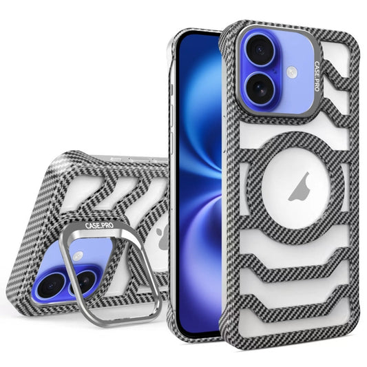 For iPhone 16 Plus Borderless Carbon Fiber Lens Protection Bracket MagSafe Phone Case(Grey) - iPhone 16 Plus Cases by buy2fix | Online Shopping UK | buy2fix