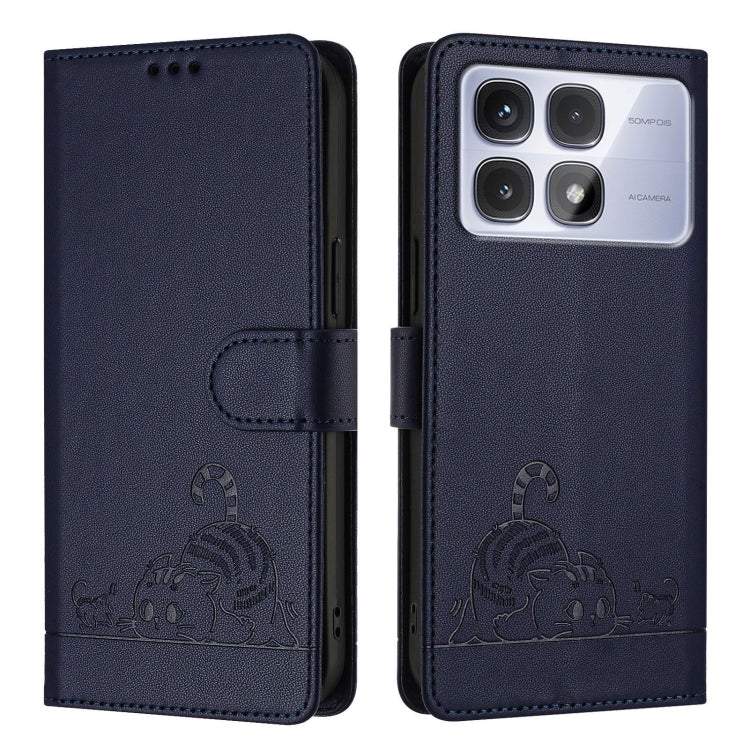 For Redmi K70 Ultra 5G Global Cat Rat Embossed Pattern RFID Leather Phone Case with Lanyard(Blue) - Xiaomi Cases by buy2fix | Online Shopping UK | buy2fix