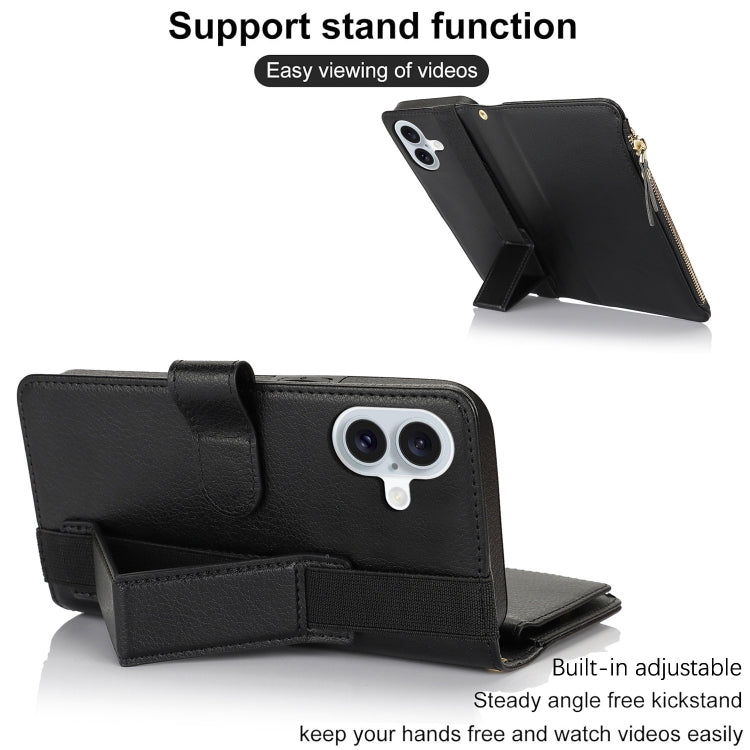 For iPhone 16 Wristband Holder Zipper Purse RFID Leather Phone Case(Black) - iPhone 16 Cases by buy2fix | Online Shopping UK | buy2fix