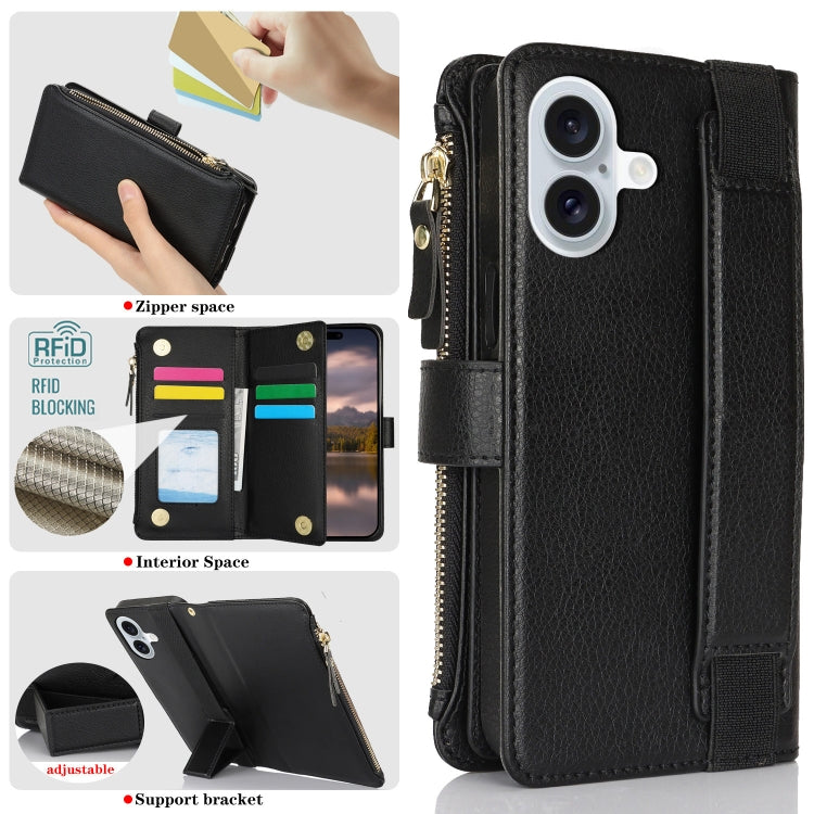 For iPhone 16 Wristband Holder Zipper Purse RFID Leather Phone Case(Black) - iPhone 16 Cases by buy2fix | Online Shopping UK | buy2fix