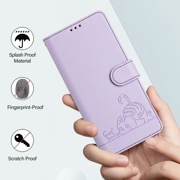 For Samsung Galaxy S25 5G Cat Rat Embossed RFID Leather Phone Case with Lanyard(Purple) - Galaxy S25 5G Cases by buy2fix | Online Shopping UK | buy2fix