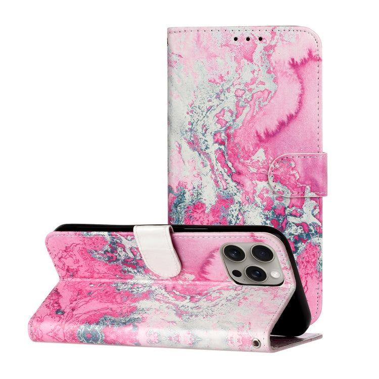 For iPhone 16 Pro Colored Drawing Marble Pattern Leather Phone Case(Pink Seawater) - iPhone 16 Pro Cases by buy2fix | Online Shopping UK | buy2fix