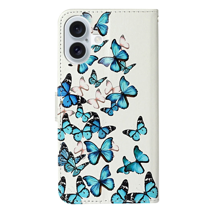 For iPhone 16 Plus Colored Drawing Marble Pattern Leather Phone Case(Little Blue Butterflies) - iPhone 16 Plus Cases by buy2fix | Online Shopping UK | buy2fix