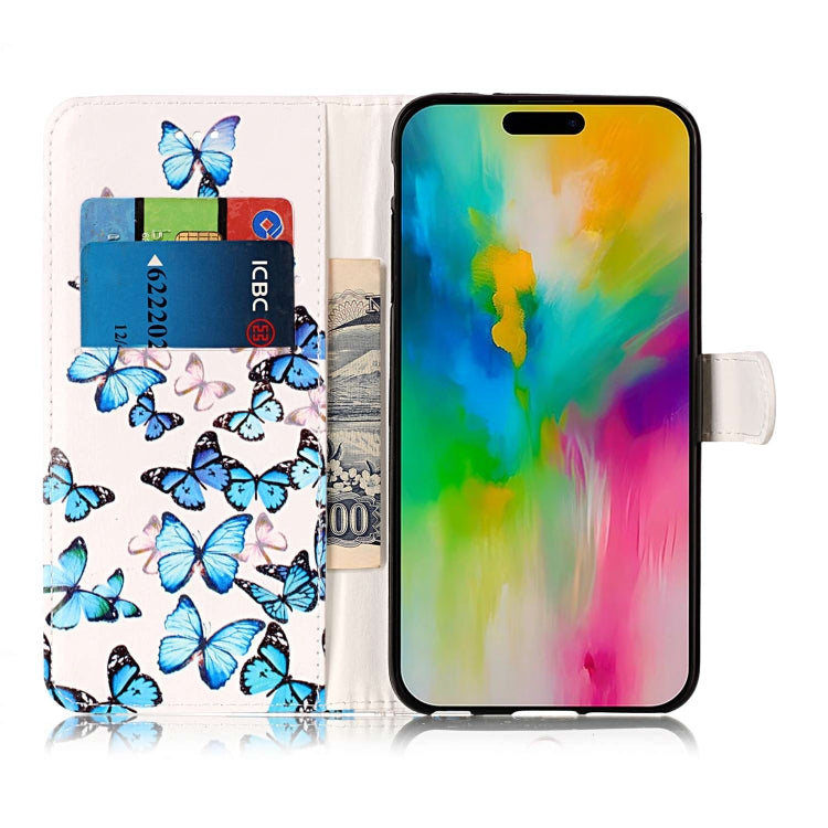 For iPhone 16 Plus Colored Drawing Marble Pattern Leather Phone Case(Little Blue Butterflies) - iPhone 16 Plus Cases by buy2fix | Online Shopping UK | buy2fix