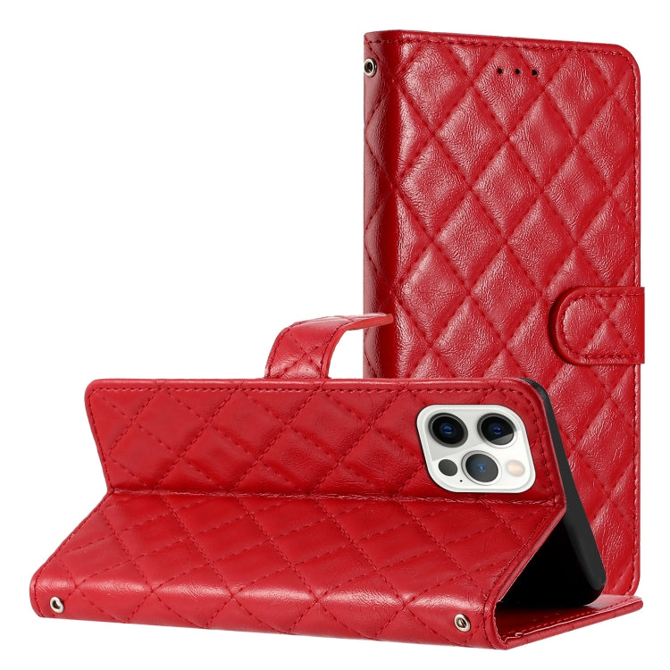 For iPhone 16 Pro Rhombus Lattice Texture Leather Phone Case(Red) - iPhone 16 Pro Cases by buy2fix | Online Shopping UK | buy2fix