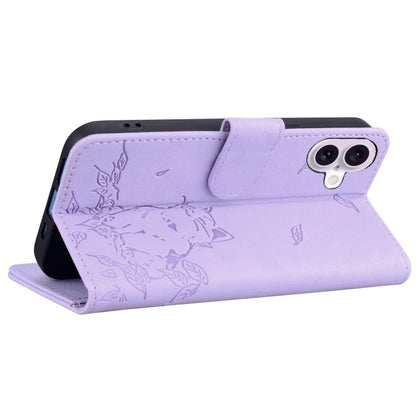 For iPhone 16 Cute Cat Embossed Leather Phone Case(Purple) - iPhone 16 Cases by buy2fix | Online Shopping UK | buy2fix