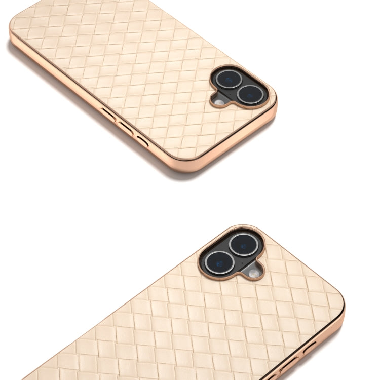 For iPhone 16 Plus Electroplated Frame Woven Texture PU Phone Case(Beige) - iPhone 16 Plus Cases by buy2fix | Online Shopping UK | buy2fix