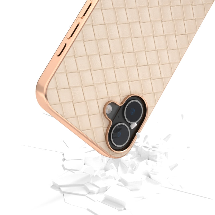 For iPhone 16 Plus Electroplated Frame Woven Texture PU Phone Case(Beige) - iPhone 16 Plus Cases by buy2fix | Online Shopping UK | buy2fix