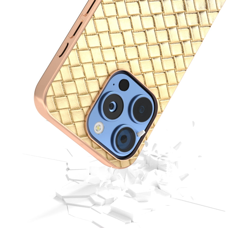 For iPhone 16 Pro Electroplated Frame Woven Texture PU Phone Case(Gold) - iPhone 16 Pro Cases by buy2fix | Online Shopping UK | buy2fix