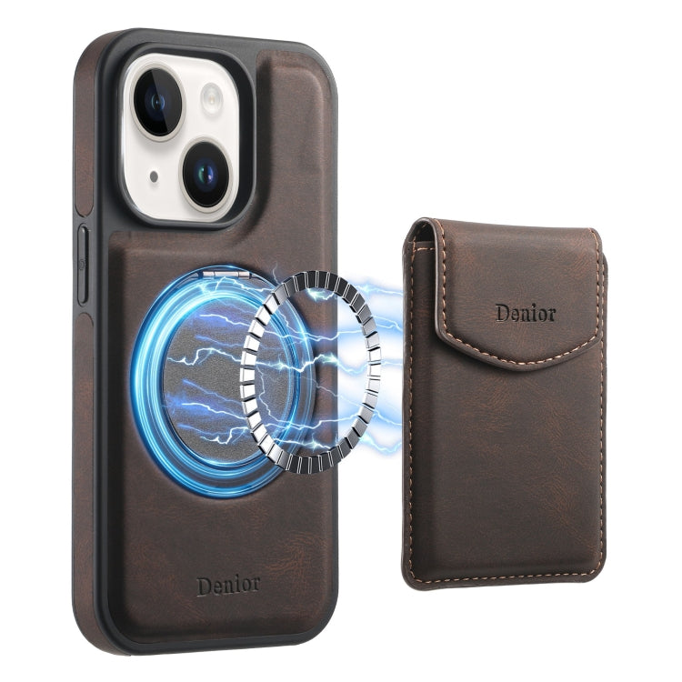 For iPhone 15 Plus / 14 Plus Denior D20 Skin Feel MagSafe Holder Detachable Card Slot Phone Case(Brown) - iPhone 15 Plus Cases by Denior | Online Shopping UK | buy2fix