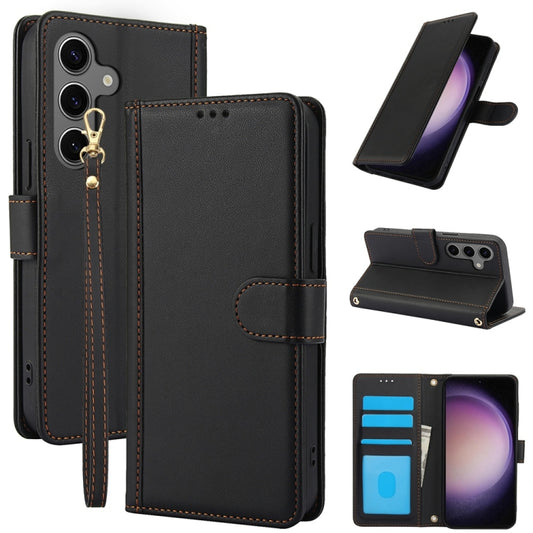 For Samsung Galaxy S25 5G Skin Feel Pure Color Card Slots Leather Phone Case with Dual Lanyard(Black) - Galaxy S25 5G Cases by buy2fix | Online Shopping UK | buy2fix