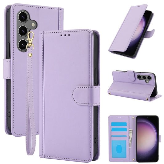 For Samsung Galaxy S25 5G Skin Feel Pure Color Card Slots Leather Phone Case with Dual Lanyard(Purple) - Galaxy S25 5G Cases by buy2fix | Online Shopping UK | buy2fix