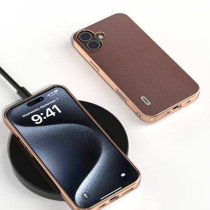 For iPhone 16 ABEEL Electroplating Frame Genuine Leather Xiaoya Series Phone Case(Coffee) - iPhone 16 Cases by buy2fix | Online Shopping UK | buy2fix