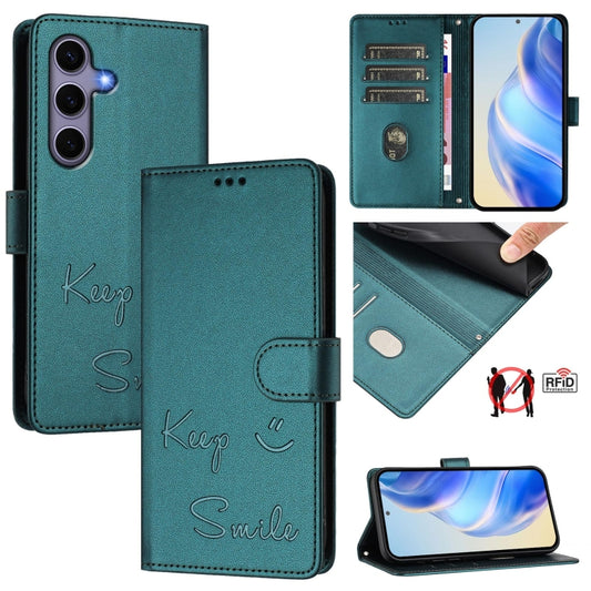 For Samsung Galaxy S25 5G Smile Embossing RFID Leather Phone Case(Peacock Green) - Galaxy S25 5G Cases by buy2fix | Online Shopping UK | buy2fix