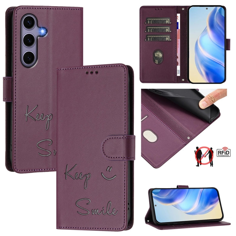 For Samsung Galaxy S25 5G Smile Embossing RFID Leather Phone Case(Violet) - Galaxy S25 5G Cases by buy2fix | Online Shopping UK | buy2fix