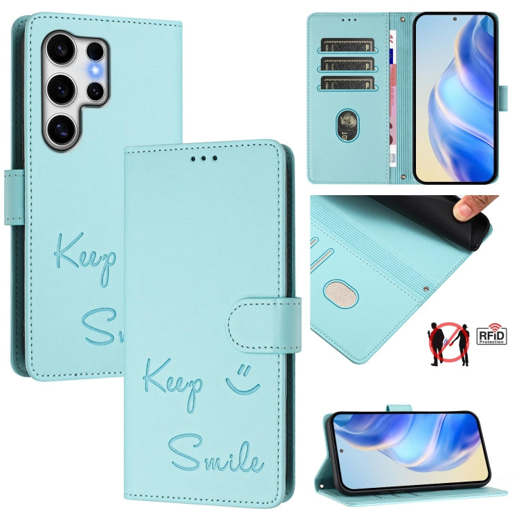 For Samsung Galaxy S25 Ultra 5G Smile Embossing RFID Leather Phone Case(Mint Green) - Galaxy S25 Ultra 5G Cases by buy2fix | Online Shopping UK | buy2fix