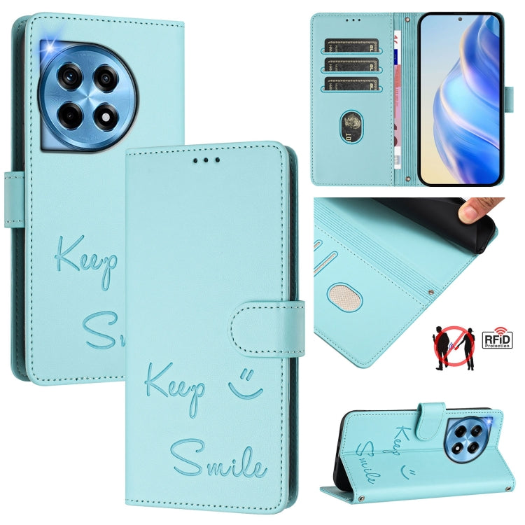 For OnePlus 12 5G Global Smile Embossing RFID Leather Phone Case(Mint Green) - OnePlus Cases by buy2fix | Online Shopping UK | buy2fix