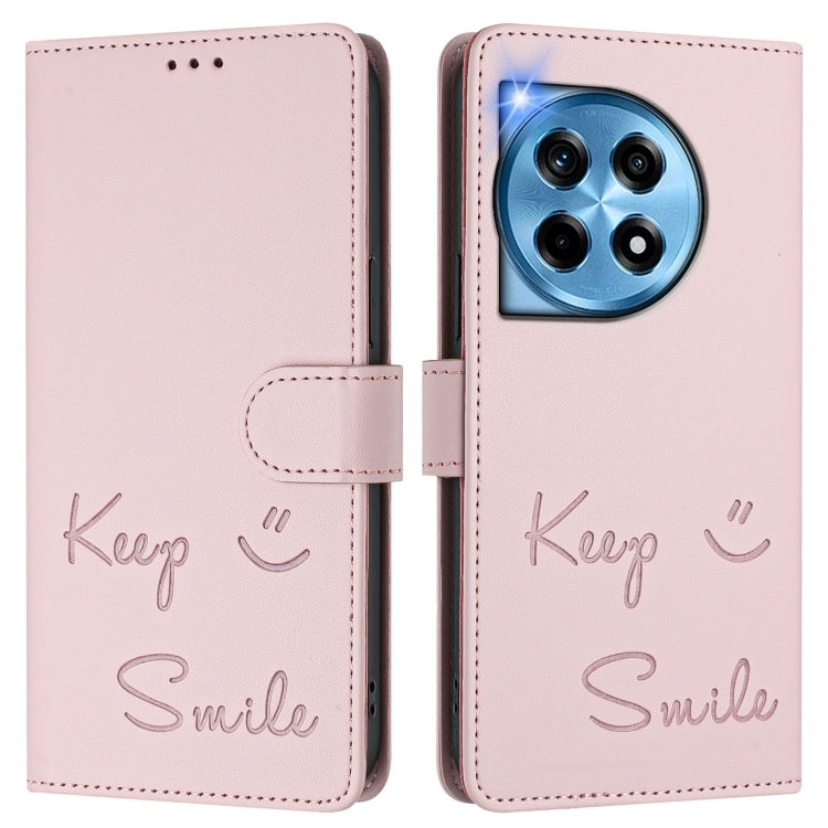 For OnePlus 12 5G Global Smile Embossing RFID Leather Phone Case(Pink) - OnePlus Cases by buy2fix | Online Shopping UK | buy2fix