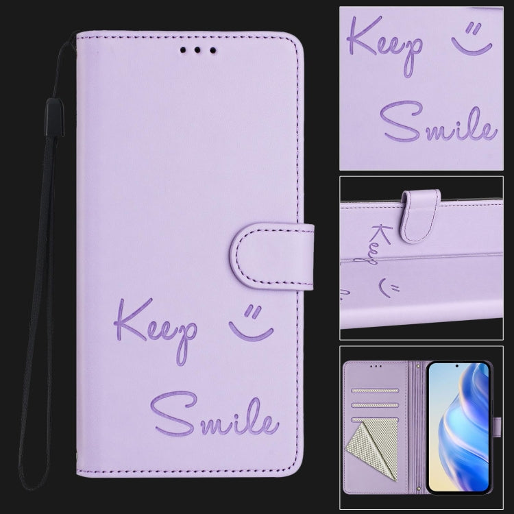 For OnePlus 12 5G Global Smile Embossing RFID Leather Phone Case(Light Purple) - OnePlus Cases by buy2fix | Online Shopping UK | buy2fix