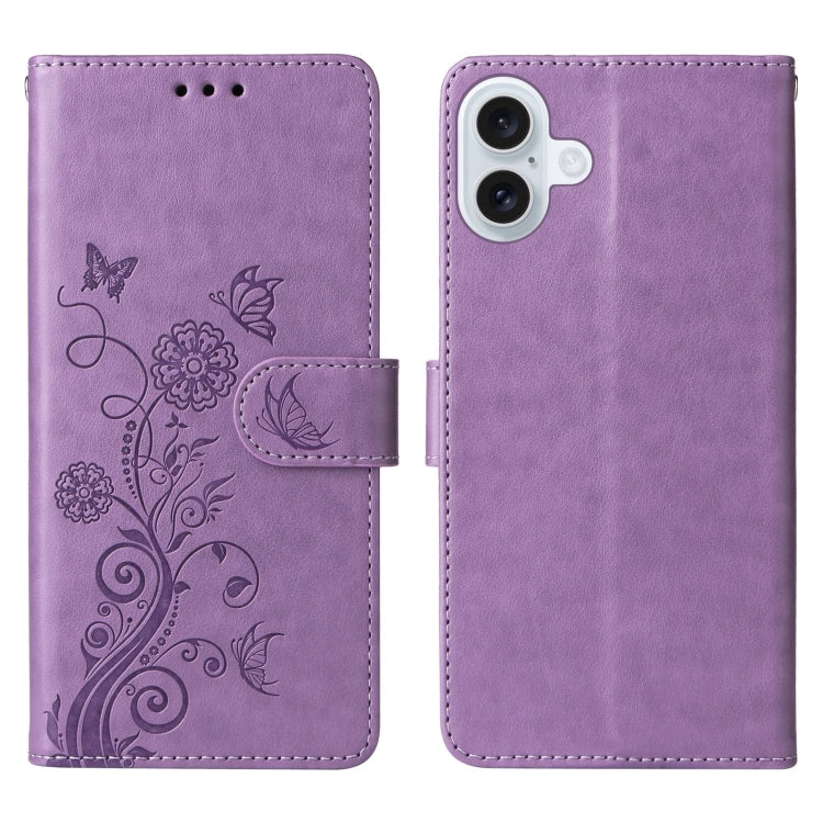 For iPhone 16 Embossed Butterfly Flowers Leather Phone Case(Purple) - iPhone 16 Cases by buy2fix | Online Shopping UK | buy2fix