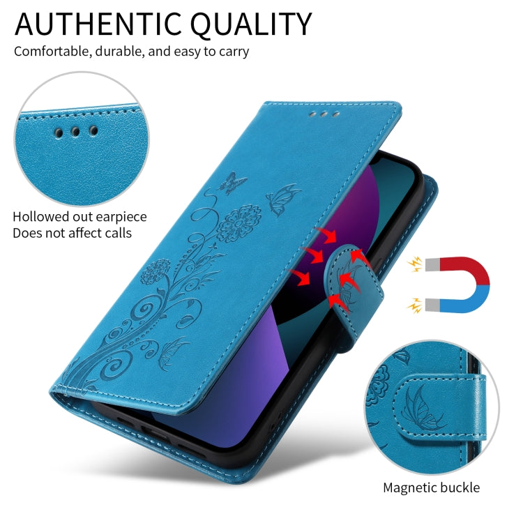 For iPhone SE 2024 Embossed Butterfly Flowers Leather Phone Case(Blue) - iPhone 13 Cases by buy2fix | Online Shopping UK | buy2fix