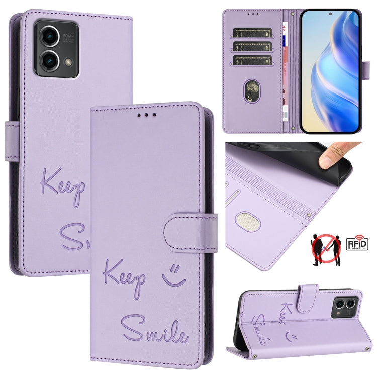 For Motorola Moto G Stylus 5G 2024 Smile Embossing RFID Leather Phone Case(Light Purple) - Motorola Cases by buy2fix | Online Shopping UK | buy2fix