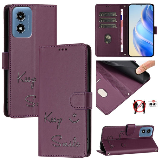 For Motorola Moto G Play 5G 2024 Global Smile Embossing RFID Leather Phone Case(Violet) - Motorola Cases by buy2fix | Online Shopping UK | buy2fix