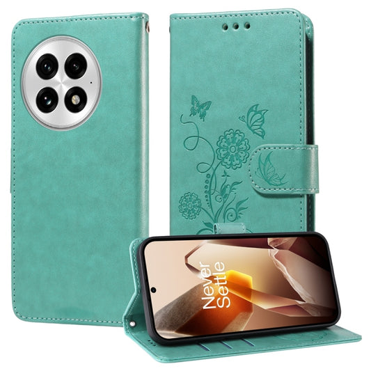 For OnePlus 13 Embossed Butterfly Flowers Leather Phone Case(Green) - OnePlus Cases by buy2fix | Online Shopping UK | buy2fix