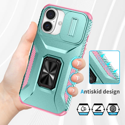 For iPhone 16 Sliding Camshield Holder Phone Case(Grey Green + Pink) - iPhone 16 Cases by buy2fix | Online Shopping UK | buy2fix