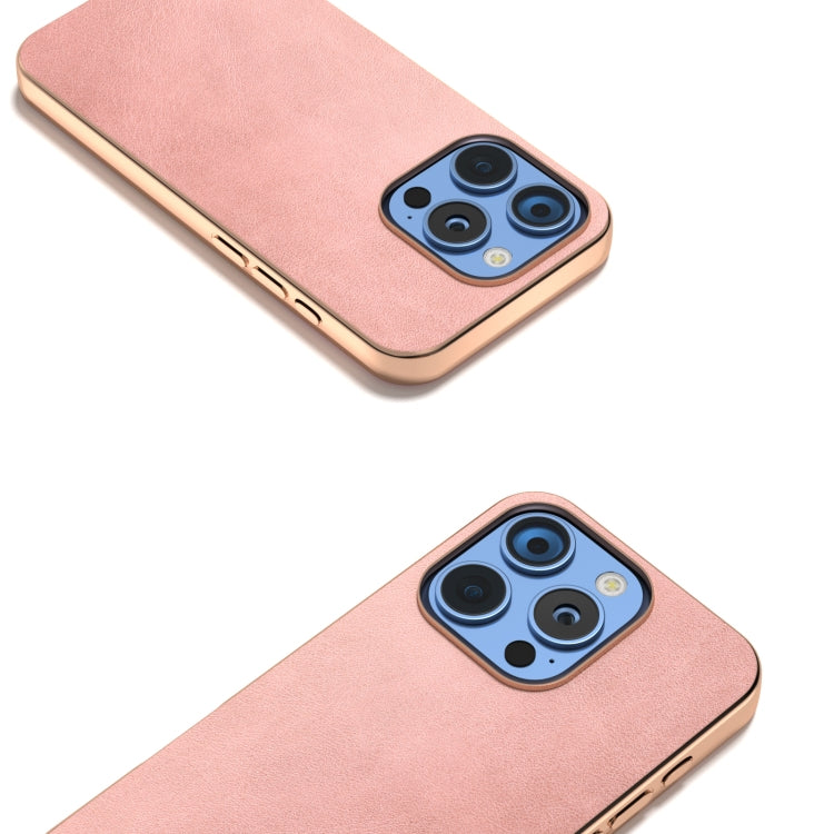 For iPhone 16 Pro Max Nano Electroplating Dual Color Cowhide Texture Protective Phone Case(Rose Gold) - iPhone 16 Pro Max Cases by buy2fix | Online Shopping UK | buy2fix