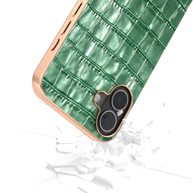 For iPhone 16 ABEEL Electroplating Frame Crocodile Texture Genuine Leather Phone Case(Green) - iPhone 16 Cases by buy2fix | Online Shopping UK | buy2fix