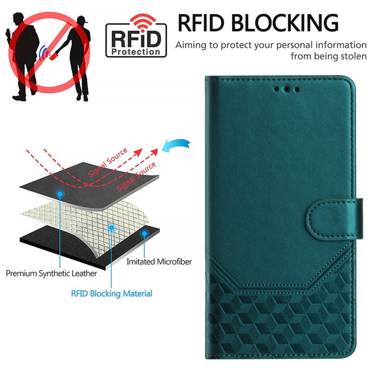 For iPhone 16 Pro Honeycomb Embossing RFID Leather Phone Case(Peacock Green) - iPhone 16 Pro Cases by buy2fix | Online Shopping UK | buy2fix