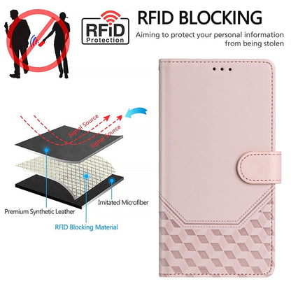 For iPhone 16 Honeycomb Embossing RFID Leather Phone Case(Pink) - iPhone 16 Cases by buy2fix | Online Shopping UK | buy2fix