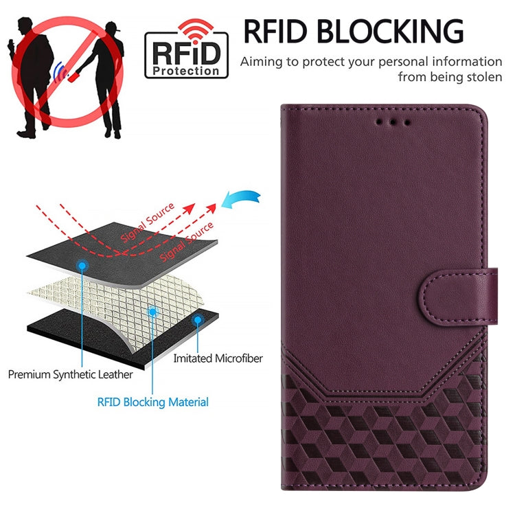 For iPhone 16 Honeycomb Embossing RFID Leather Phone Case(Violet) - iPhone 16 Cases by buy2fix | Online Shopping UK | buy2fix