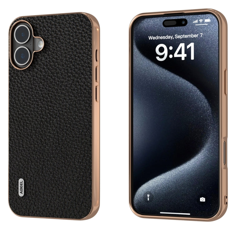 For iPhone 16 ABEEL Electroplating Frame Genuine Leather Litchi Texture Phone Case(Black) - iPhone 16 Cases by buy2fix | Online Shopping UK | buy2fix