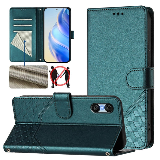 For Sony Xperia 10 VI 2024 Honeycomb Embossing RFID Leather Phone Case(Peacock Green) - Sony Cases by buy2fix | Online Shopping UK | buy2fix