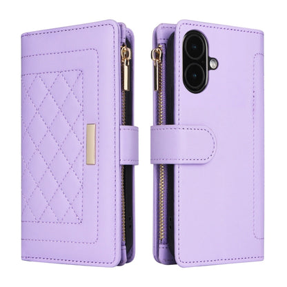 For iPhone 16 Plus Crossbody Zipper Wallet Rhombus Leather Phone Case(Purple) - iPhone 16 Plus Cases by buy2fix | Online Shopping UK | buy2fix