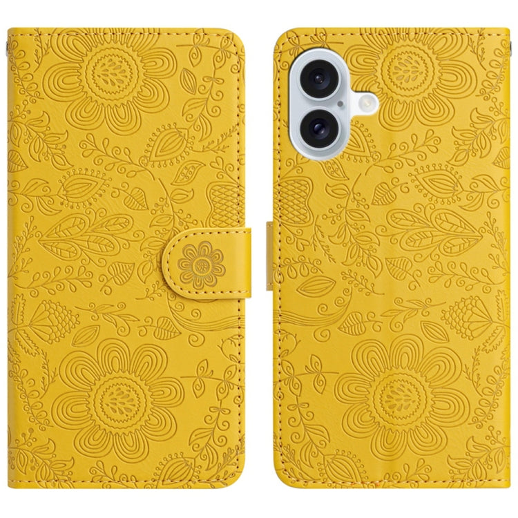 For iPhone 16 Floral Embossed Pattern Leather Phone Case(Yellow) - iPhone 16 Cases by buy2fix | Online Shopping UK | buy2fix