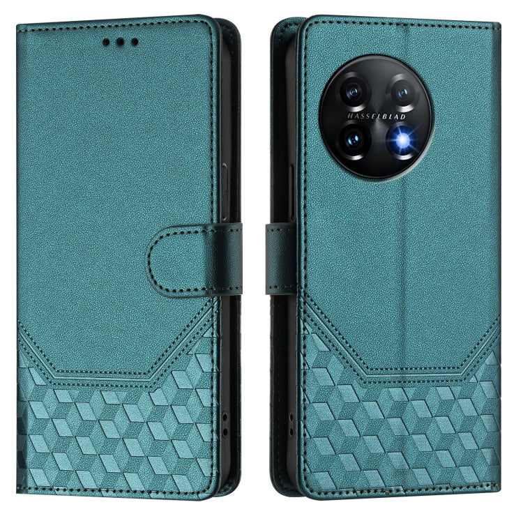 For OnePlus 11 Honeycomb Embossing RFID Leather Phone Case(Peacock Green) - OnePlus Cases by buy2fix | Online Shopping UK | buy2fix