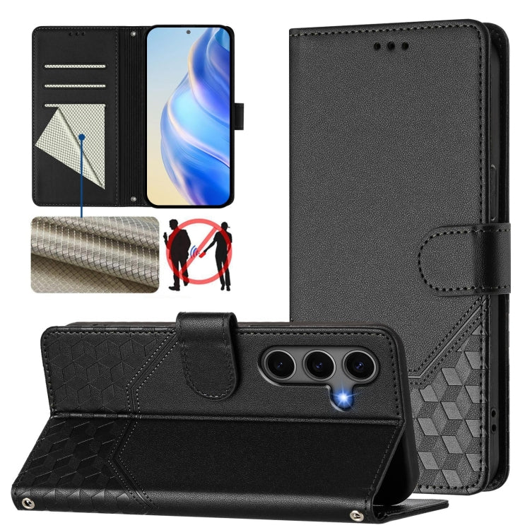 For Samsung Galaxy S25 5G Honeycomb Embossing RFID Leather Phone Case(Black) - Galaxy S25 5G Cases by buy2fix | Online Shopping UK | buy2fix