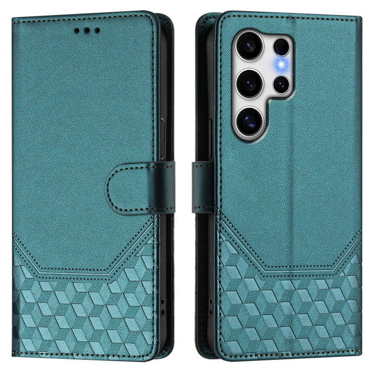 For Samsung Galaxy S25 Ultra 5G Honeycomb Embossing RFID Leather Phone Case(Peacock Green) - Galaxy S25 Ultra 5G Cases by buy2fix | Online Shopping UK | buy2fix