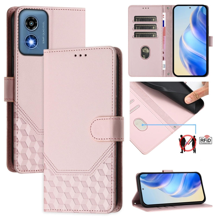 For Motorola Moto G Play 5G 2024 Oversea Honeycomb Embossing RFID Leather Phone Case(Pink) - Motorola Cases by buy2fix | Online Shopping UK | buy2fix