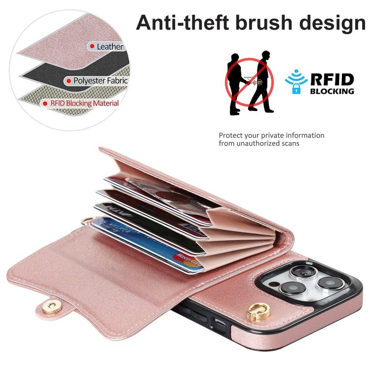 For iPhone 16 Pro RFID Card Slot Phone Case with Long Lanyard(Rose Gold) - iPhone 16 Pro Cases by buy2fix | Online Shopping UK | buy2fix