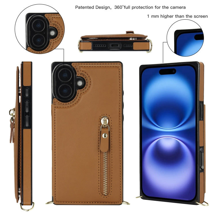 For iPhone 16 Plus Cross-body Zipper Square Phone Case(Brown) - iPhone 16 Plus Cases by buy2fix | Online Shopping UK | buy2fix