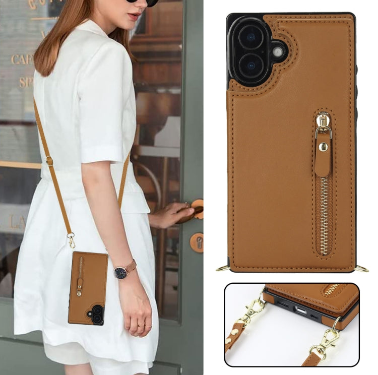 For iPhone 16 Plus Cross-body Zipper Square Phone Case(Brown) - iPhone 16 Plus Cases by buy2fix | Online Shopping UK | buy2fix