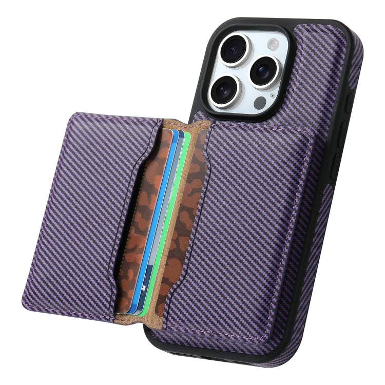 For iPhone 16 Pro Max Denior Carbon Fiber Texture Leather Card Bag MagSafe Phone Case(Purple) - iPhone 16 Pro Max Cases by Denior | Online Shopping UK | buy2fix