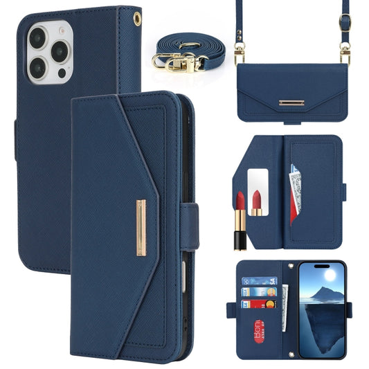 For iPhone 16 Pro Cross Texture Crossbody Lanyard Leather Phone Case(Blue) - iPhone 16 Pro Cases by buy2fix | Online Shopping UK | buy2fix