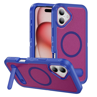 For iPhone 16 Guard MagSafe Holder Matte PC Hybrid TPU Phone Case(Blue Rose Red) - iPhone 16 Cases by buy2fix | Online Shopping UK | buy2fix