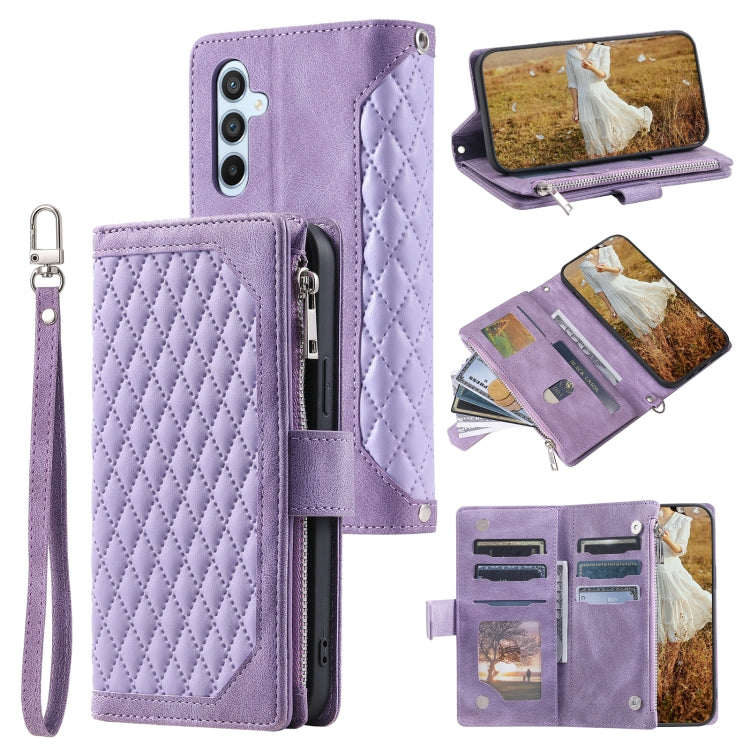 For Samsung Galaxy S25 5G Grid Texture Zipper Leather Phone Case with Lanyard(Purple) - Galaxy S25 5G Cases by buy2fix | Online Shopping UK | buy2fix